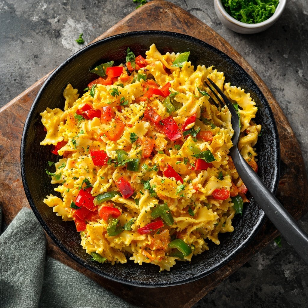 Mediterraner Nudelsalat Mit Paprika Würfeln